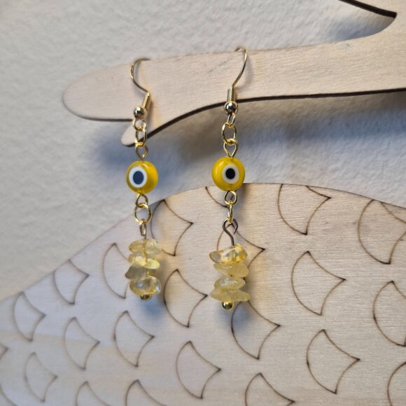Handmade Protection Earrings with Yellow Evil Eye Charms and Citrine Chip Beads - Picture 7 of 8
